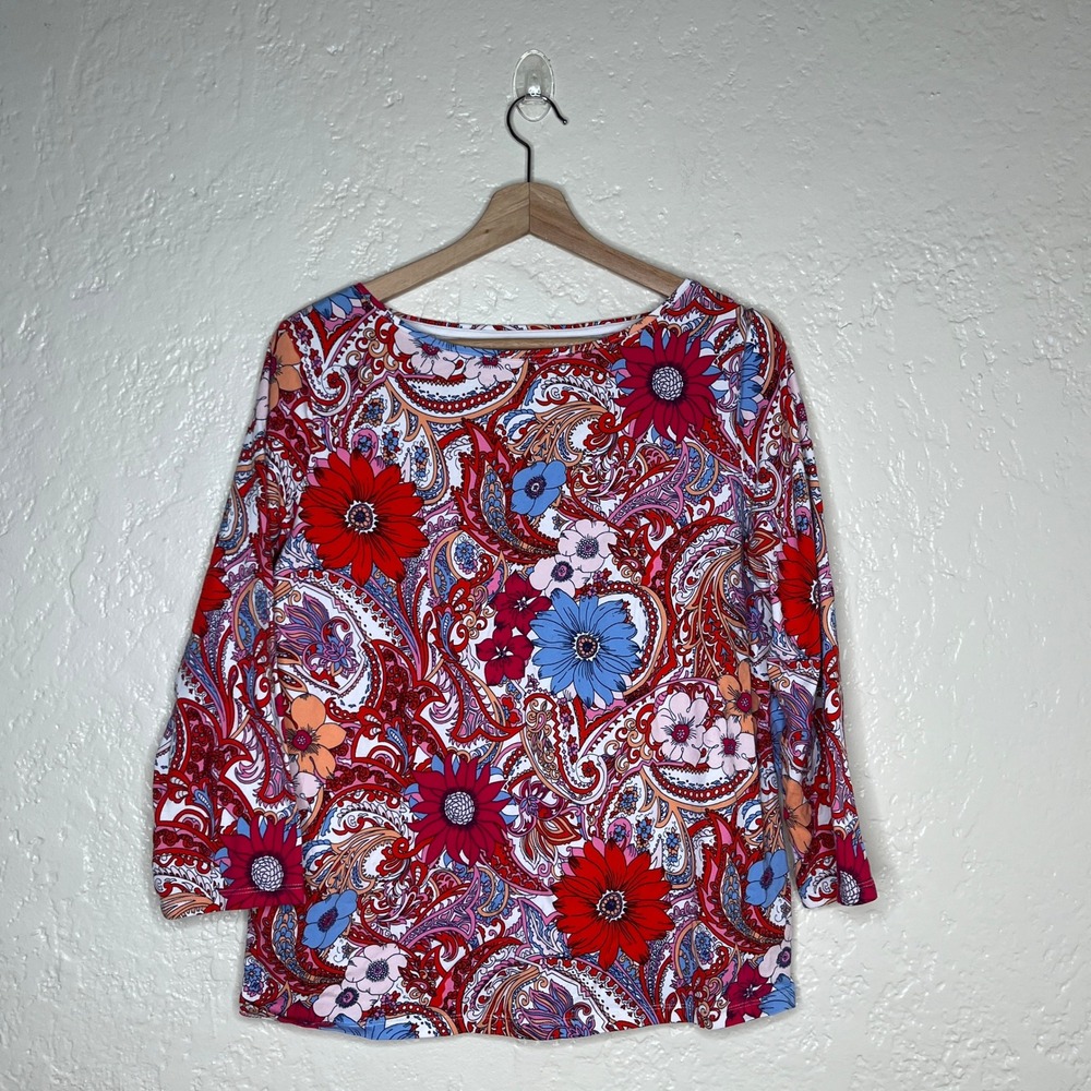 Talbots Tee Womens Large Red Blue Floral Paisley 3/4 Sleeve Boat Neck Top
